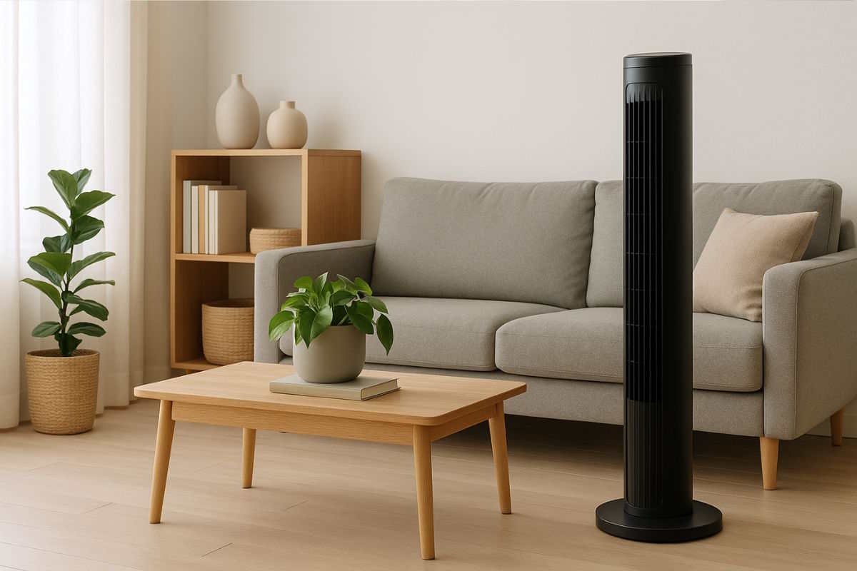 salon petit appartement avec ventilateur tour