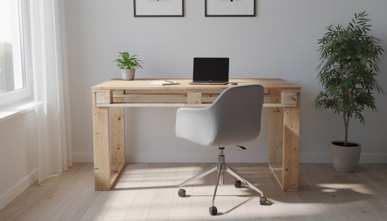 explorez 30 modèles créatifs de bureaux réalisés à partir de palettes, inspirés par les tendances pinterest pour un espace de travail unique et écologique.
