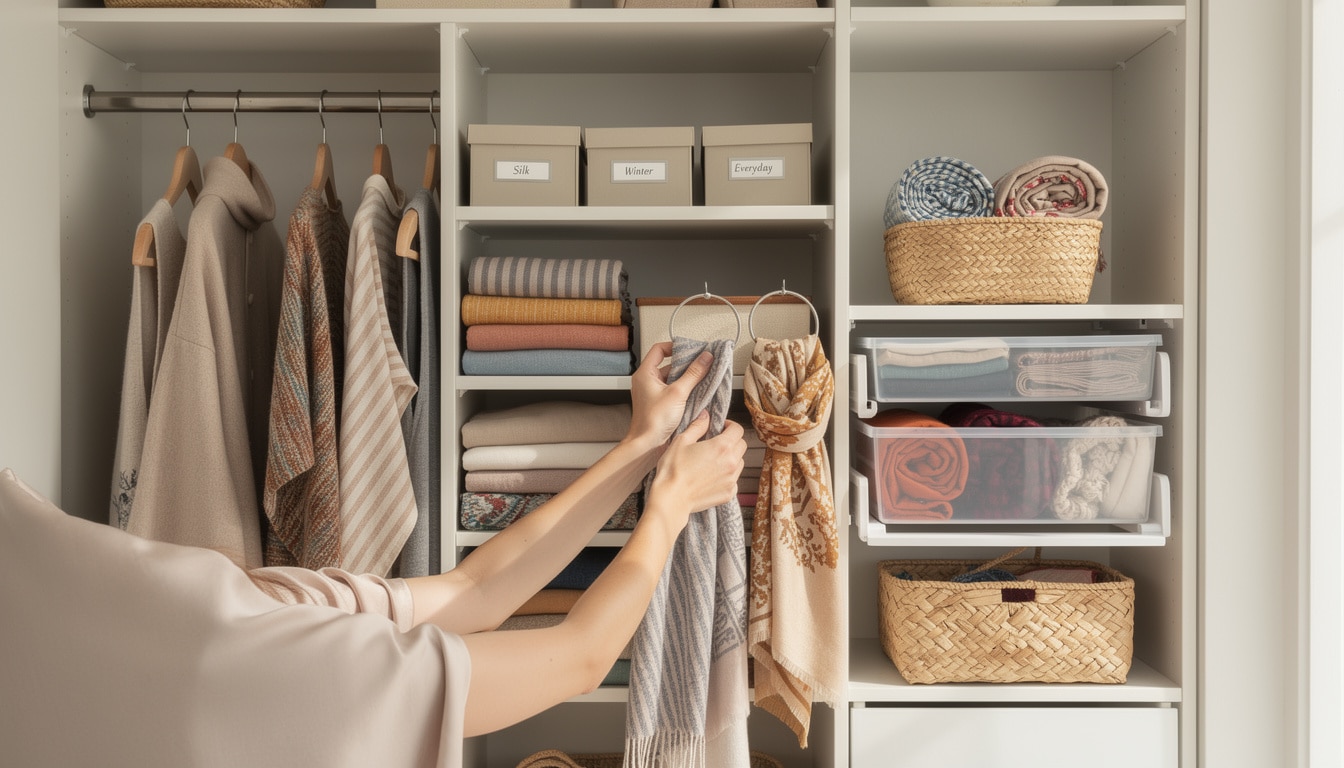 découvrez dix conseils pratiques pour organiser vos écharpes et foulards de manière efficace et élégante, et profitez d'un dressing bien rangé.